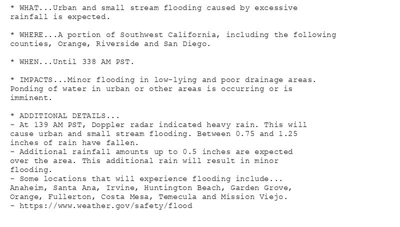 * WHAT...Urban and small stream flooding caused by excessive
rainfall is expected.

* WHERE...A portion of Southwest California, including the following
counties, Orange, Riverside and San Diego.

* WHEN...Until 338 AM PST.

* IMPACTS...Minor flooding in low-lying and poor drainage areas.
Ponding of water in urban or other areas is occurring or is
imminent.

* ADDITIONAL DETAILS...
- At 139 AM PST, Doppler radar indicated heavy rain. This will
cause urban and small stream flooding. Between 0.75 and 1.25
inches of rain have fallen.
- Additional rainfall amounts up to 0.5 inches are expected
over the area. This additional rain will result in minor
flooding.
- Some locations that will experience flooding include...
Anaheim, Santa Ana, Irvine, Huntington Beach, Garden Grove,
Orange, Fullerton, Costa Mesa, Temecula and Mission Viejo.
- https://www.weather.gov/safety/flood