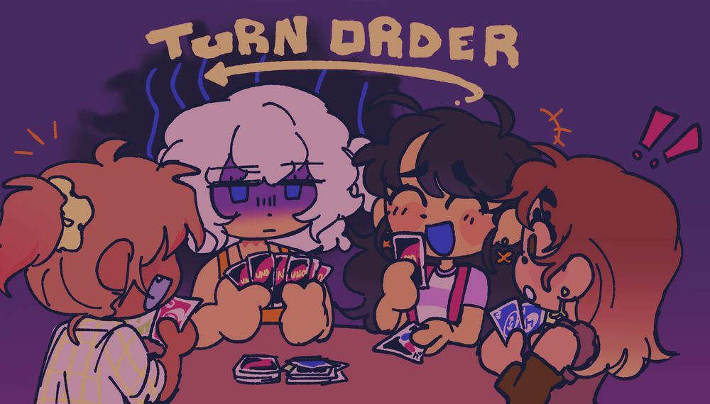 A chibi drawing of four ocs playing UNO.