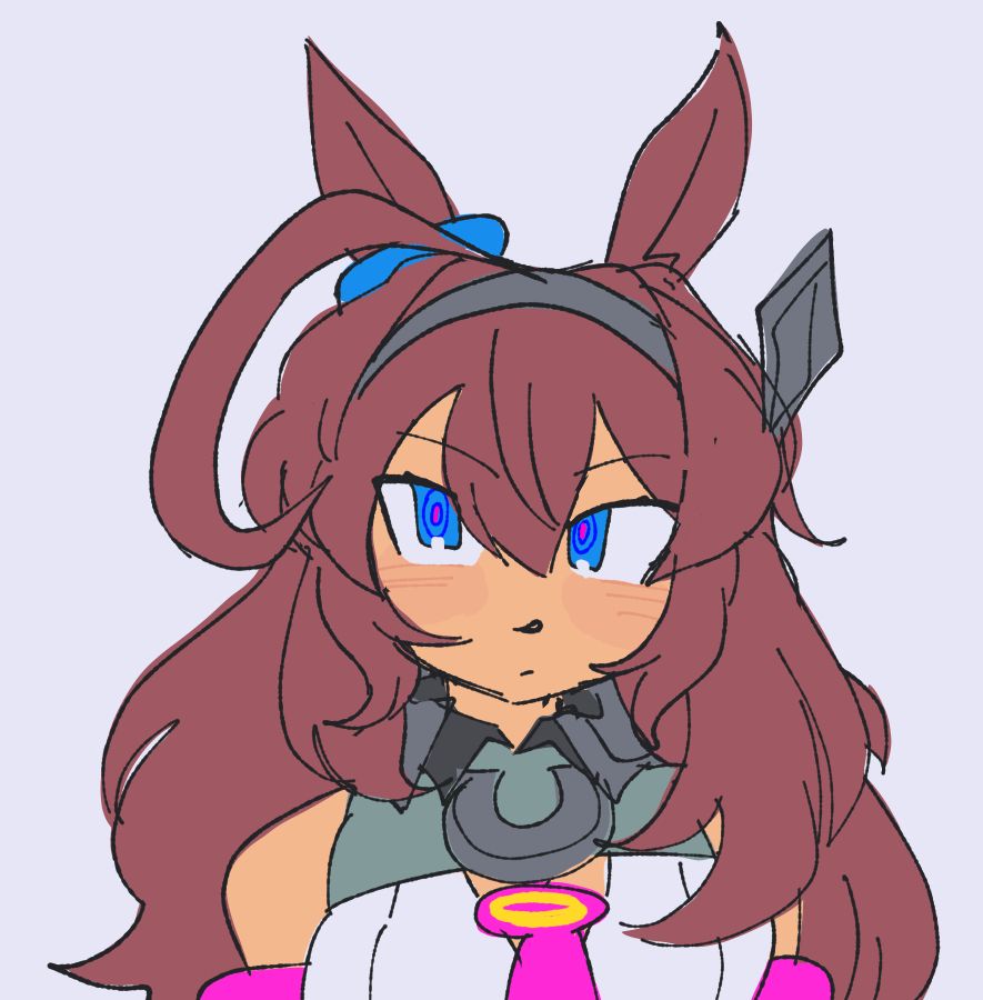 A simple drawing of Mihono Bourbon from Uma Musume looking up at the viewer with a neutral but determined expression.