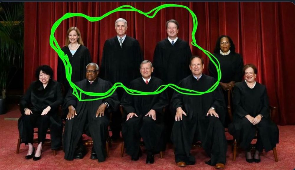 Image of members of the Supreme Court, with yellow highlight encircling the six justices who voted to grant Trump immunity.