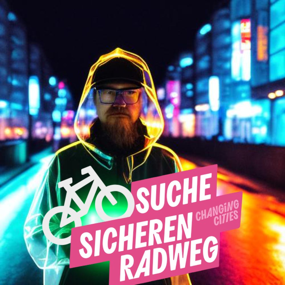 Ein KI generiertes Bild von mir vor dem Hintergrund einer beleuchteten, nachtlichen Stadt a la Blade Runner. Davor "ich" in einem kokonartigen, durchsichtigen Umhang.
Darüber der im CC-Bild-Generator generiertete Overlay mit einem weißen Fahrrad-Symbol und weißem Text auf pinkem Grund: "suche sicheren Fahrradweg"