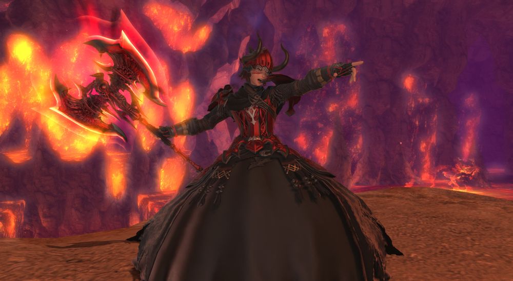 X'ndanya with her visor up, provoking her enemies to attack while Ragnarok glows on the side.