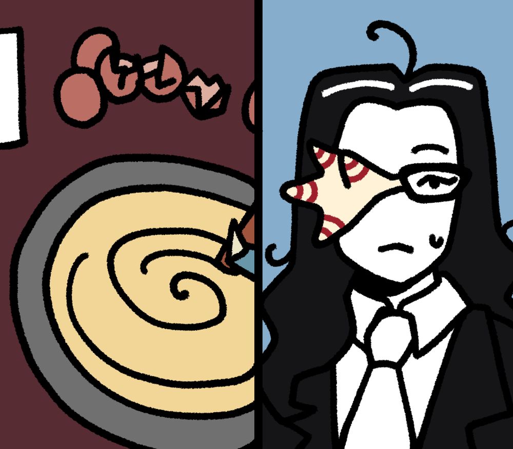 Continued from the last image, the left panel is focused on the bowl, with ENA stirring eggs into it from offscreen. Coral's smile has faded, and she looks unimpressed.