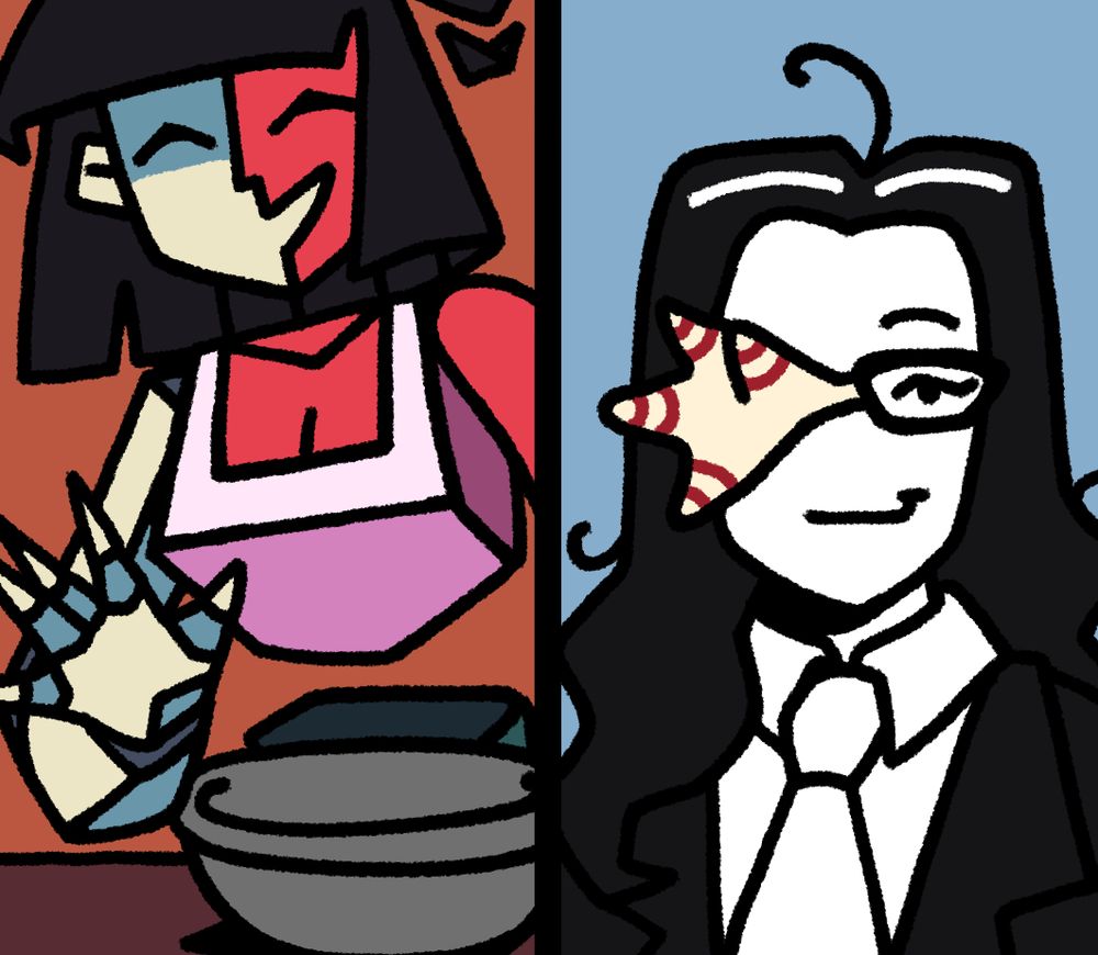 A drawing of ENA and Coral Glasses split into two panels. In the left panel, ENA is waving at the camera, with a bowl in front of her. She's wearing a blouse that shows cleavage on her upper chest. In the right panel, Coral is smiling.