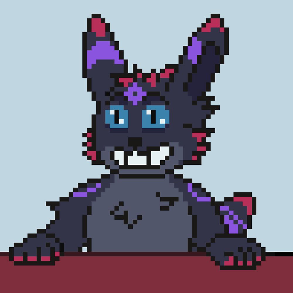 An umbreon fursona smiling anxiously with a lost stare and his paws over a table