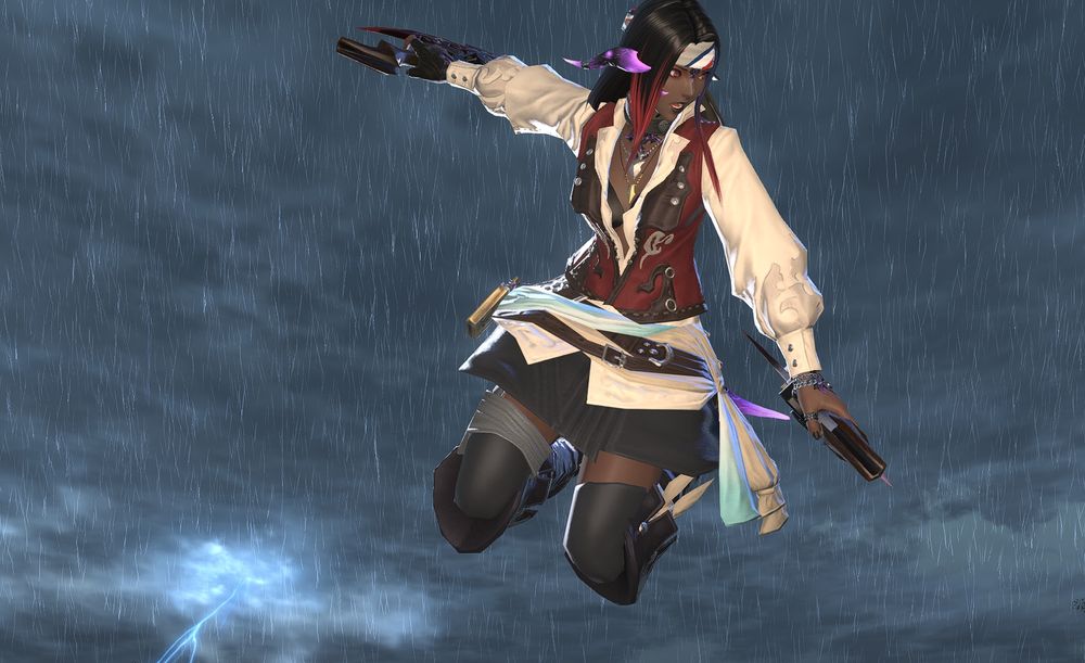 Taliya as a pirate/ninja leaping with a knife drawn back, with stormy skies behind her