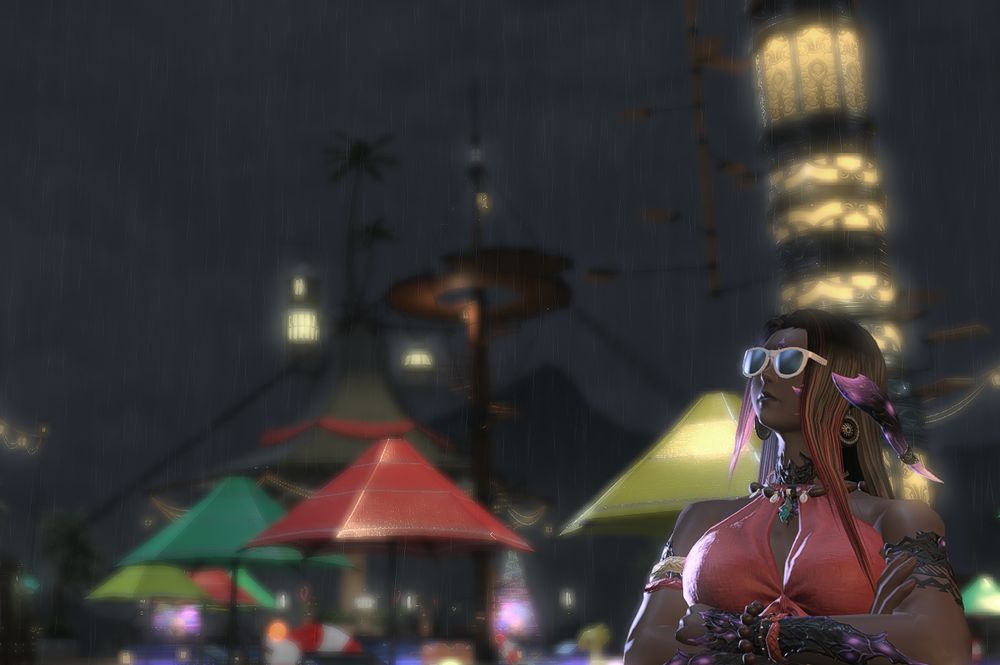 A female xaela au ra wearing sunglasses looks very unimpressed as it rains at the moonfire faire