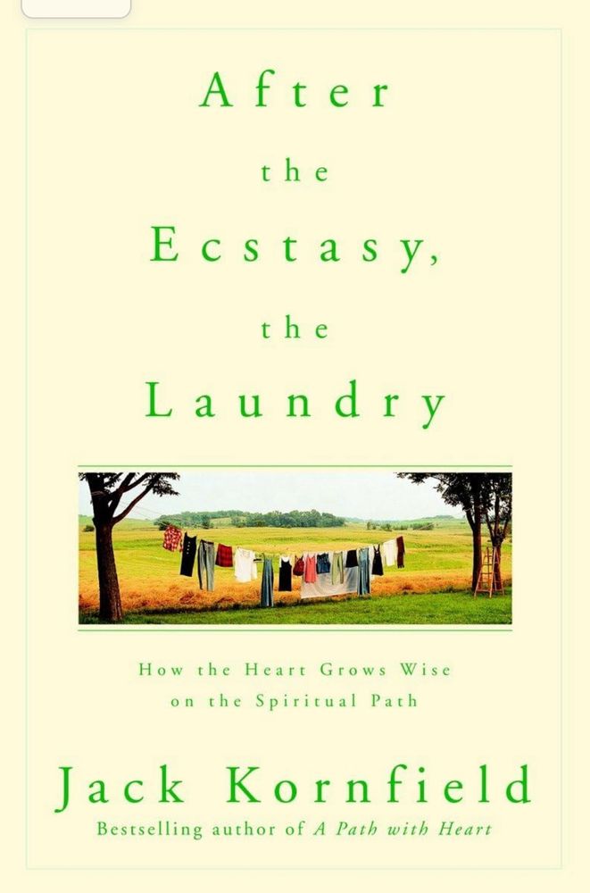 Book cover odd After the Ecstasy, the Laundry by Jack Kornfield. A light yellow background with green text & a clothesline strung between two trees with colorful clothes hanging between