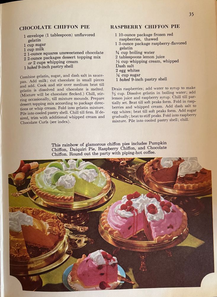 Cookbook page with two recipes on top: chocolate & raspberry chiffon pies. Picture below shows 4 pies: pumpkin, daiquiri,raspberry & chocolate chiffon pies, all topped with mounds of whipped cream.