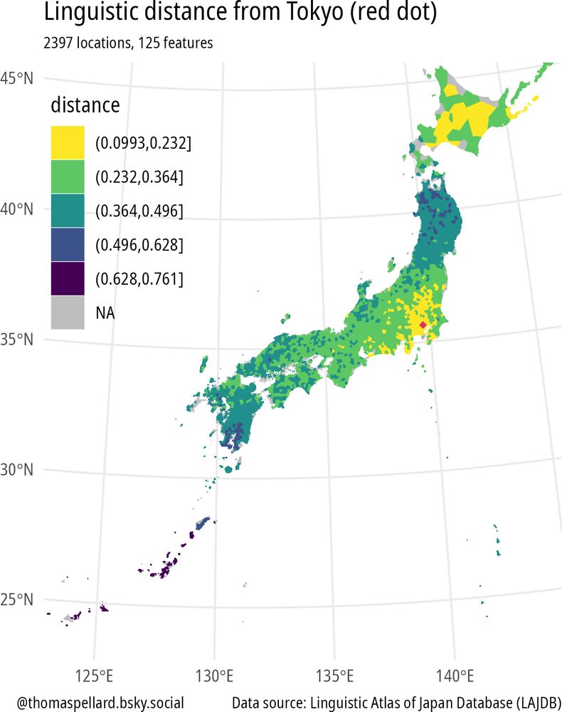 Map of the linguistic distance between Tokyo Japanese and 2397 different dialects