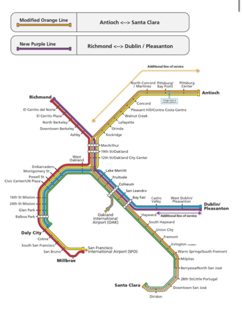Map of six line BART service, with orange line reoriented towards Antioch and new purple line from Richmond to Dublin