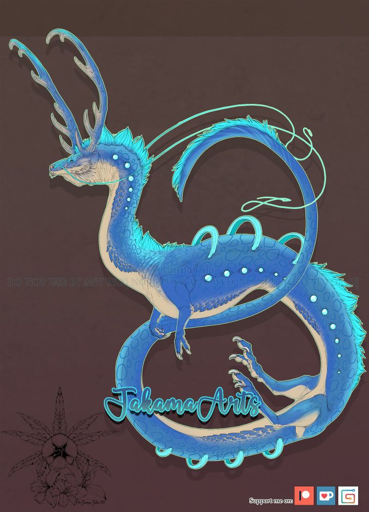 A colored sketch of a blue eastern dragon with huge antlers 