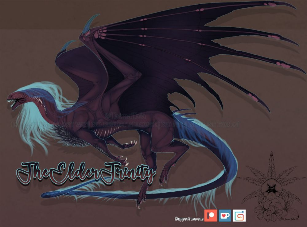 Colored Sketch of an purple dragon with a blue ghostly mane and no eyes.