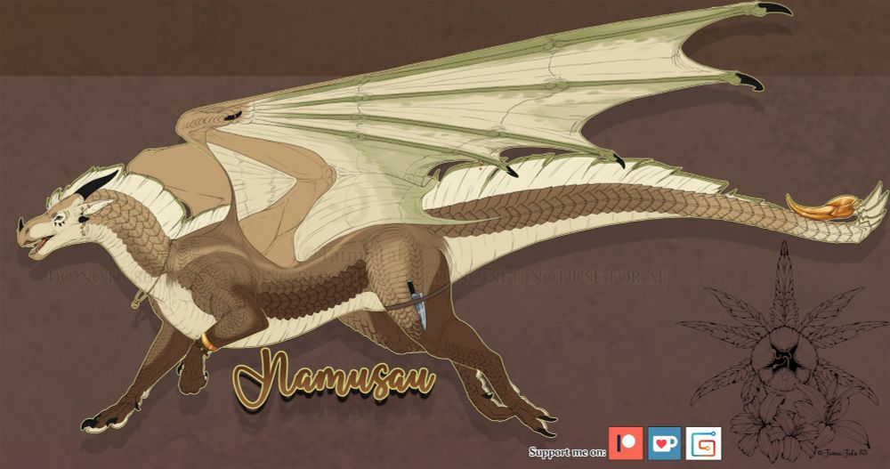 A colored sketch of a brownish dragon with light green wings.