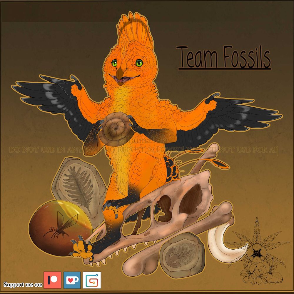 A bright orange bird like dragon with a lot of fossils around him