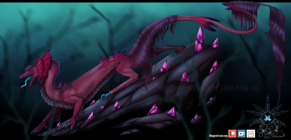 A red purple dragon without wings on a rock 