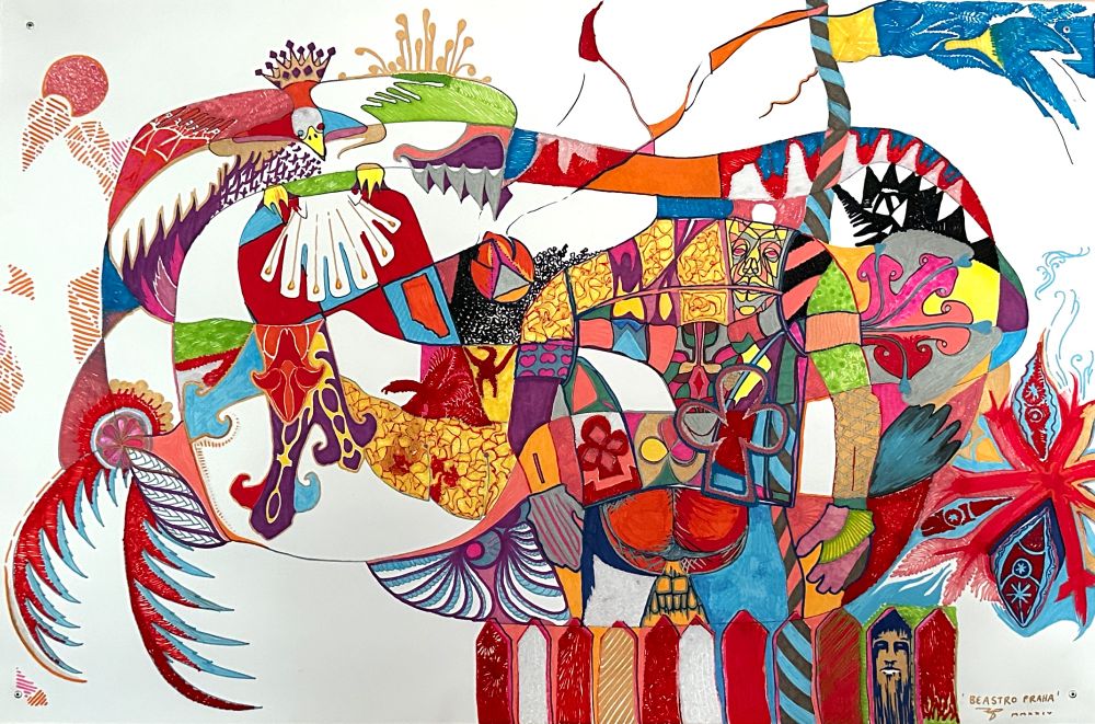 A colourful mixed-media illustration of animals, humans, and organic and artificial shapes. Titled Beastro Praha. By Finn Phillips. 