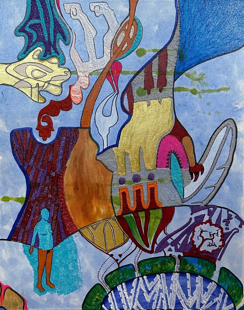 A colourful mixed-media illustration of bodies and organic and constructed shapes. Titled Wandering Transparency, by Finn Phillips. 