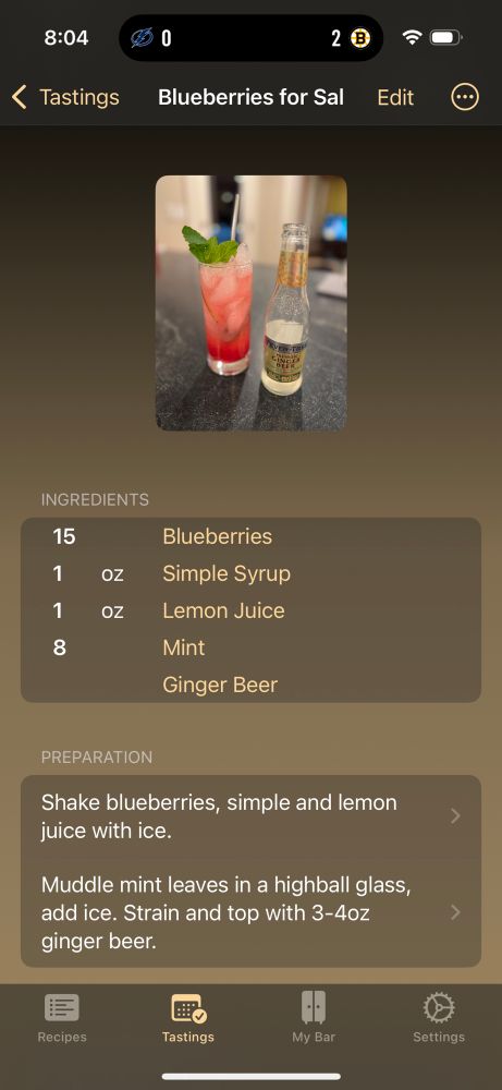 15 Blueberries
1 OZ Simple Syrup
1 OZ Lemon Juice
8 Mint leaves

Top off with Ginger Beer