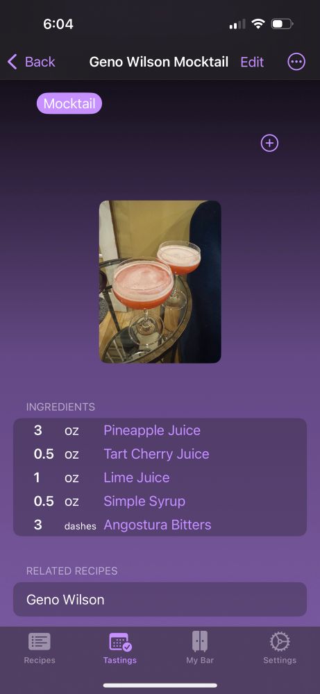 The recipe:

3 OZ Pineapple Juice
0.5 OZ Tart Cherry Juice
1 OZ Lime Juice
0.5 OZ Simple Syrup
3 dashes Angostura Bitters