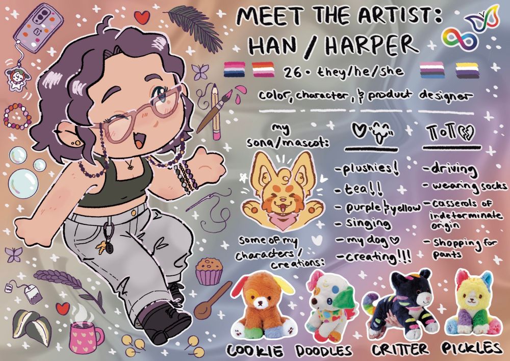 A colorful infographic with information about the artist hannimatior. On the left there is a self portrait of the artist in a chibi art style. the portrait is surrounded by objects such as a phone, a mug of tea, lavender flowers, butterflies, baked goods, aspen leaves, and bubbles. The text on the right reads as follows: Meet the artist: Han/Harper. 26 - they/he/she. color, character, & product designer. My sona/mascot: (with a drawing of a yellow fennec fox with orange markings, wearing a pink bandana.) There is a doodle of a heart and smiling face, indicating these are things the person likes, with the following text underneath: plushies, tea!!, purple and yellow, singing, my dog, creating!!!. To the right there is a doodle of a crying face and broken heart, indicating these are things the person does not like, with the following text underneath: driving, wearing socks, casseroles of indeterminate origin, shopping for pants. Underneath this there some text that states: some of my characters/creations: with four pictures of plush toys labeled Cookie, Doodles, Critter, and Pickles. The background is a rainbow gradient with a swirly pattern, and there are several sparkles surrounding the images and text.