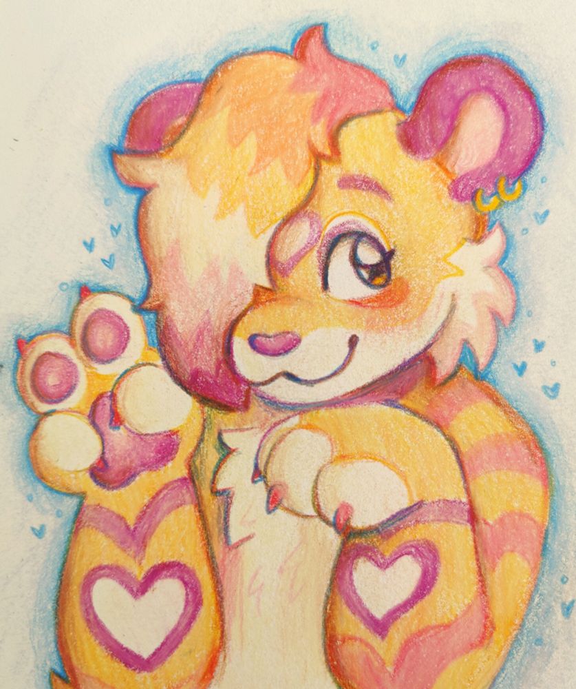 a colored pencil bust drawing of an orange, pink, red, and white tiger with some heart shaped stripes