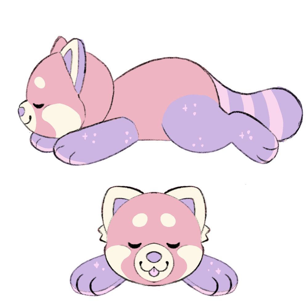 a sketch of a red panda plush from two viewpoints, the side view is shown on top, and the front view on the bottom. the panda is peach, cream, pink, and purple.