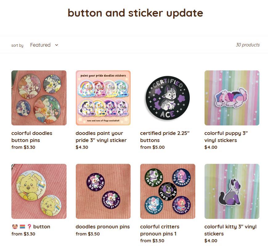 a screenshot of an online store showing a collection that includes several sticker and button listings.