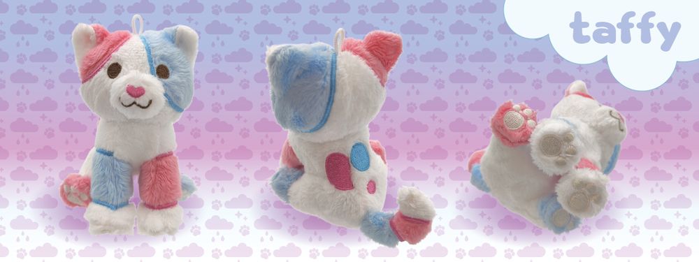 photos of a small pink and blue cat plush from the front, back, and bottom, with the name taffy in the top right corner.