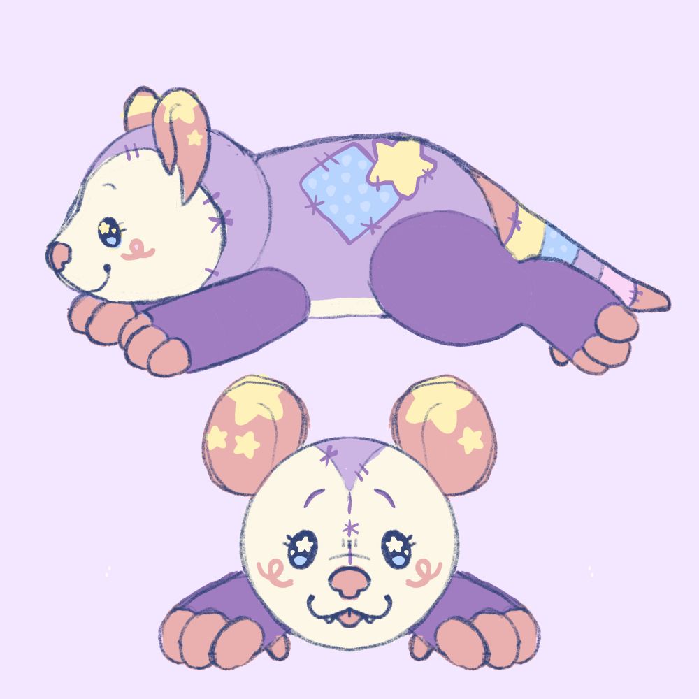 a sketch of an opossum plushie from two viewpoints, side and front. the opossum is purple with peach ears and toes, with star spots on the top of the ears and patchwork elements on the back and tail.