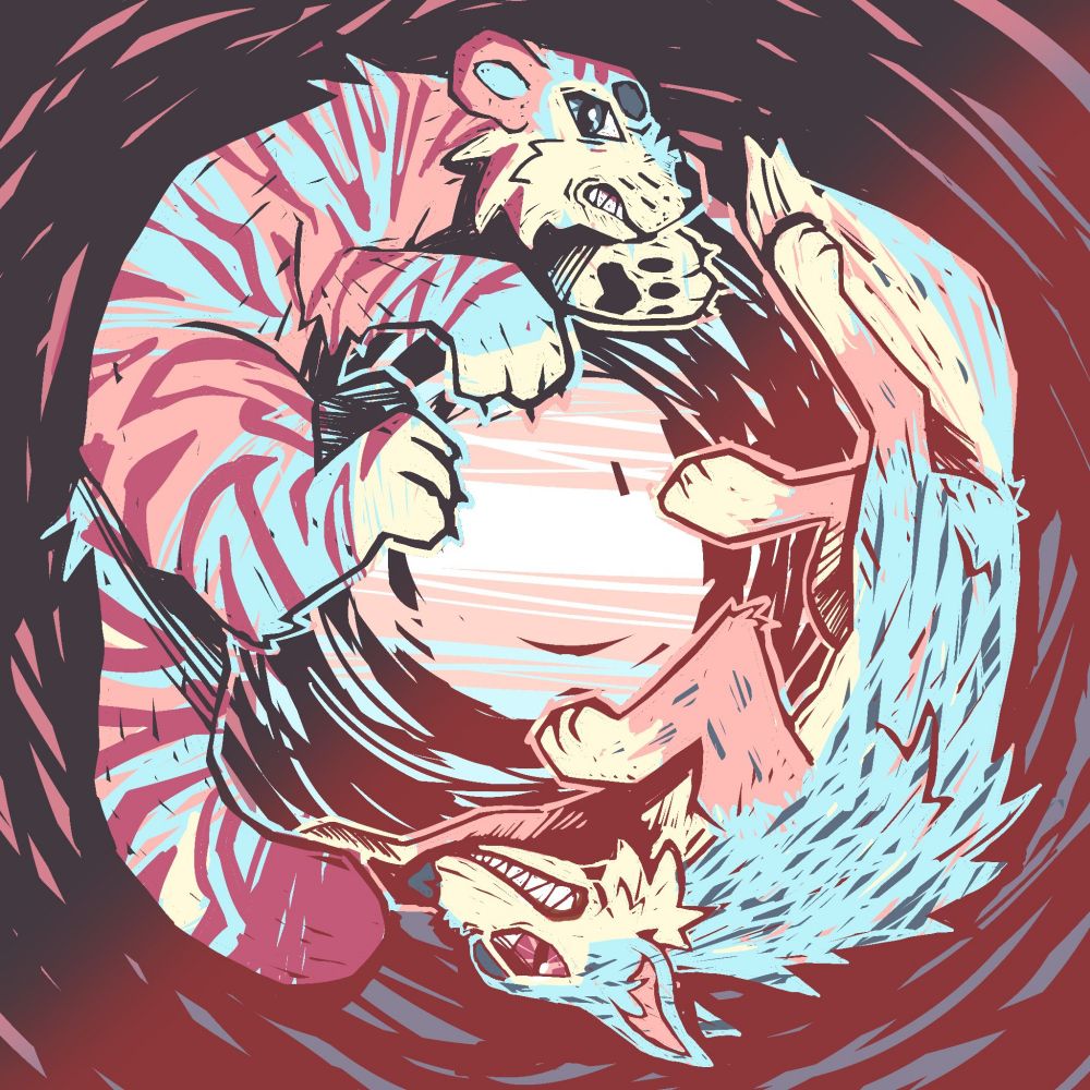 a linocut style digital artwork featuring a pink and blue tiger and wolf, posed circling around and protecting a ball of light with the transgender flag inside.