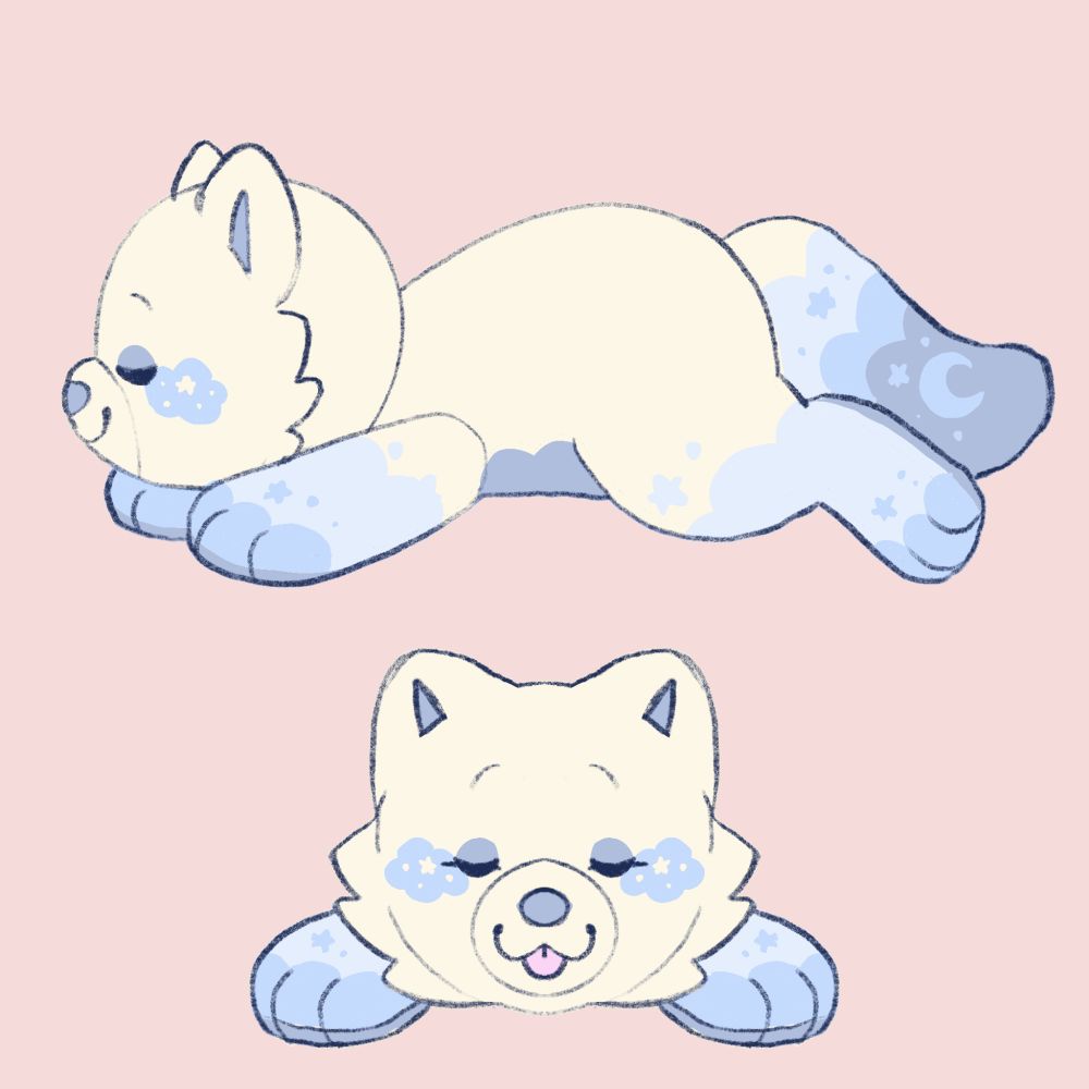 a sketch of two viewpoints of an arctic fox plush, from the side and front. the fox is cream colored with cloud markings on the legs, tail, and cheeks, with star and moon accents.