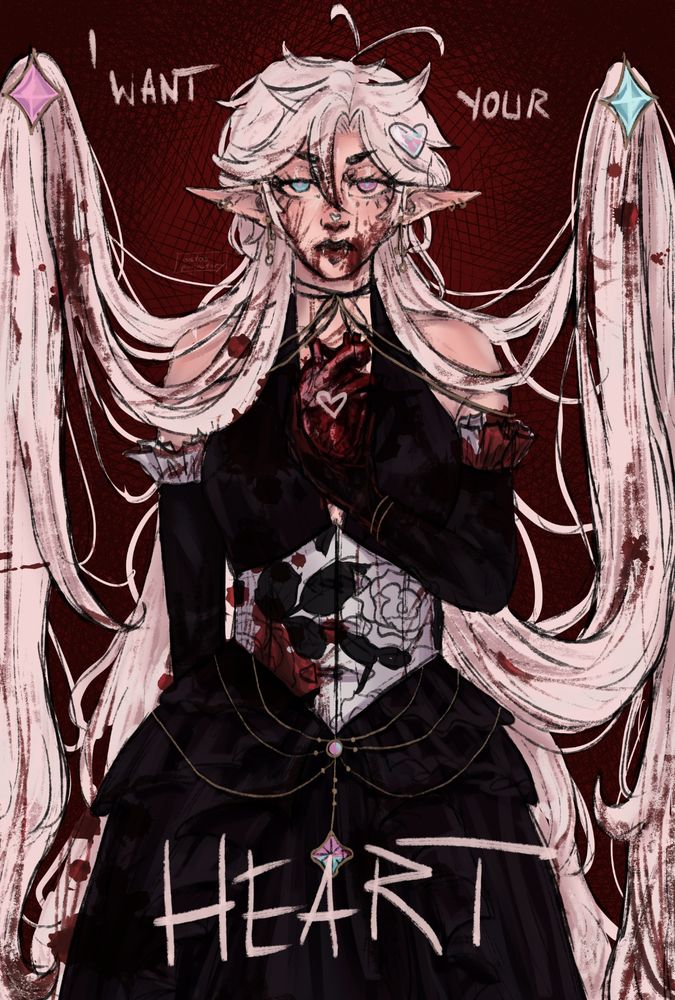 A drawing of a vampire in a black elegant dress and a corset, holding a heart. The hair is white and long framing the drawing, they are covered in blood. There is also a text "I want your heart".