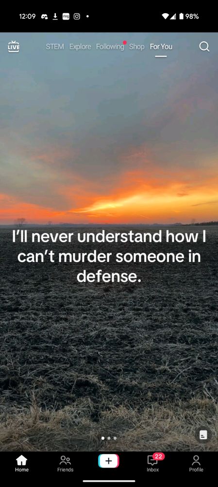Image of a tiktok slide that reads "I'll never understand how I can't murder someone in defense."