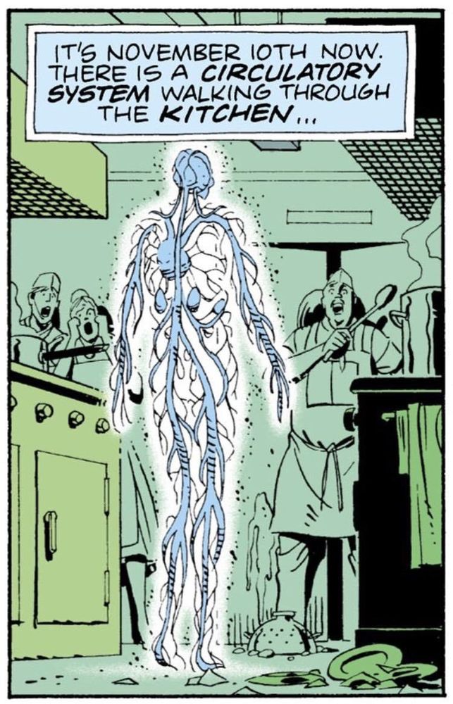 A comic panel from the original watchmen cartoon with a circulatory system walking through a kitchen, everyone is horrified. The text of it says, “IT'S NOVEMBER IOTH NOW.
THERE IS A CIRCULATORY SYSTEM WALKING THROUGH THE KITCHEN...”