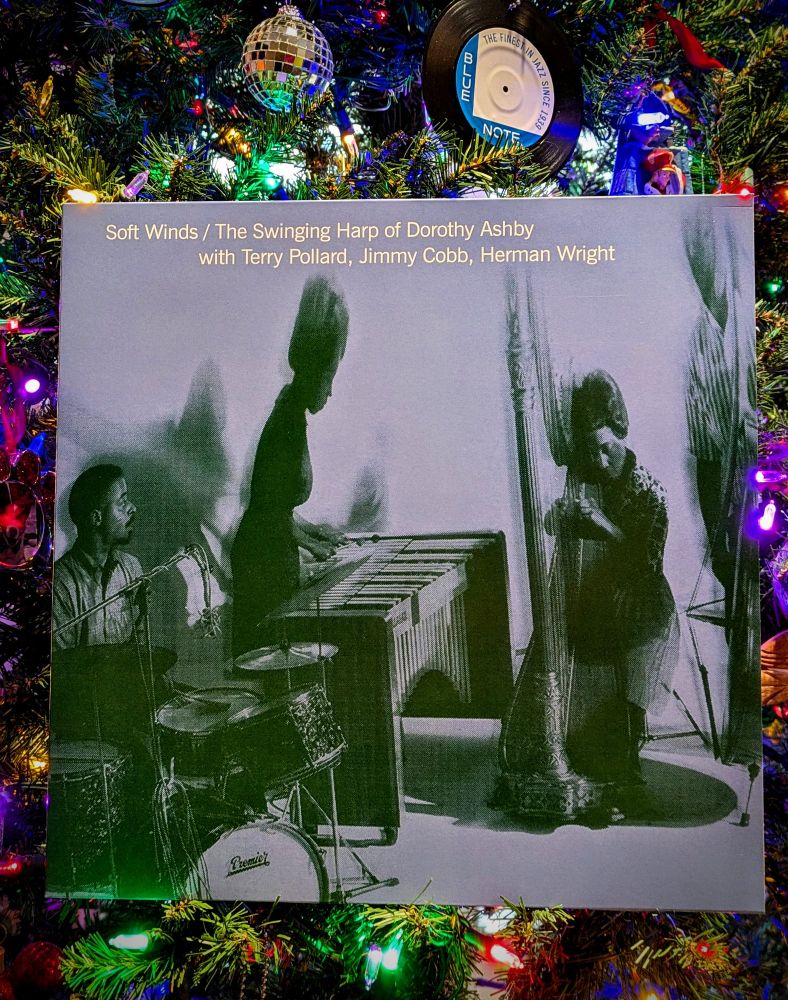 soft winds / the swinging harp of Dorothy Ashby record cover sitting in Xmas tree 