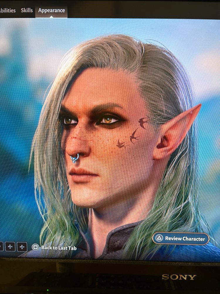 Pictured is an elf character from the video games Baldur’s Gate 3. They have fair skin, freckles across their nose and cheeks, a septum piercing and smokey eye makeup. There is also a tattoo of three small birds along their left cheekbone. They have have amber coloured eyes. They’re hair is straight and falls just past the shoulders, and is pale blonde at the roots, shifting into green towards the ends. They of course have long pointed eleven ears. There is also a small scar that crosses from the right cheek across the bridge of the nose.
