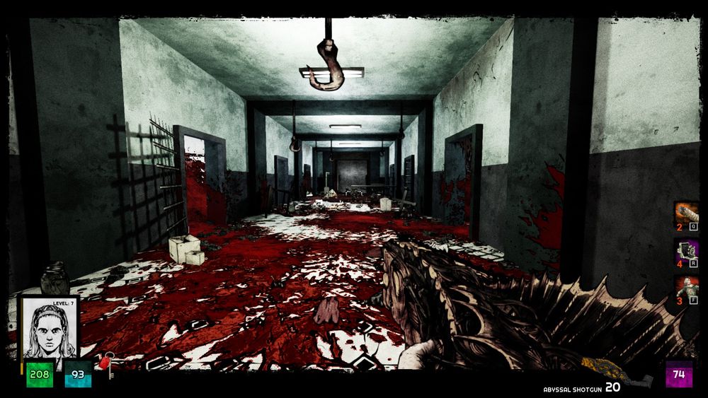 Bloody hallway in forgive me father. The floors and several walls are absolutely covered. The gun has been fused with an eldritch horror... don't think about that too much. 