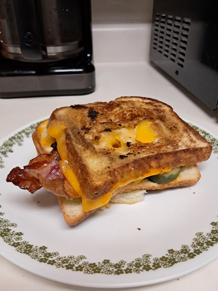 Grilled cheese sandwhich with bacon and pickles on sourdough. It is on an old ass plate with flowery designs 