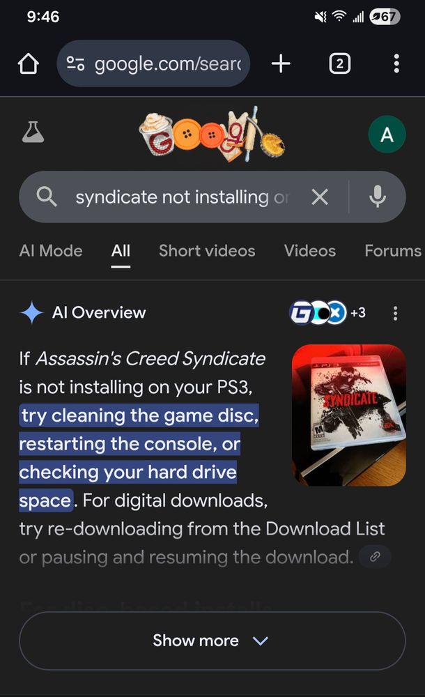 Google search for Syndicate not installing on PS3 but dog ass Ai overview shows assassins creed syndicate information in its text but a copy of the correct game next to it 