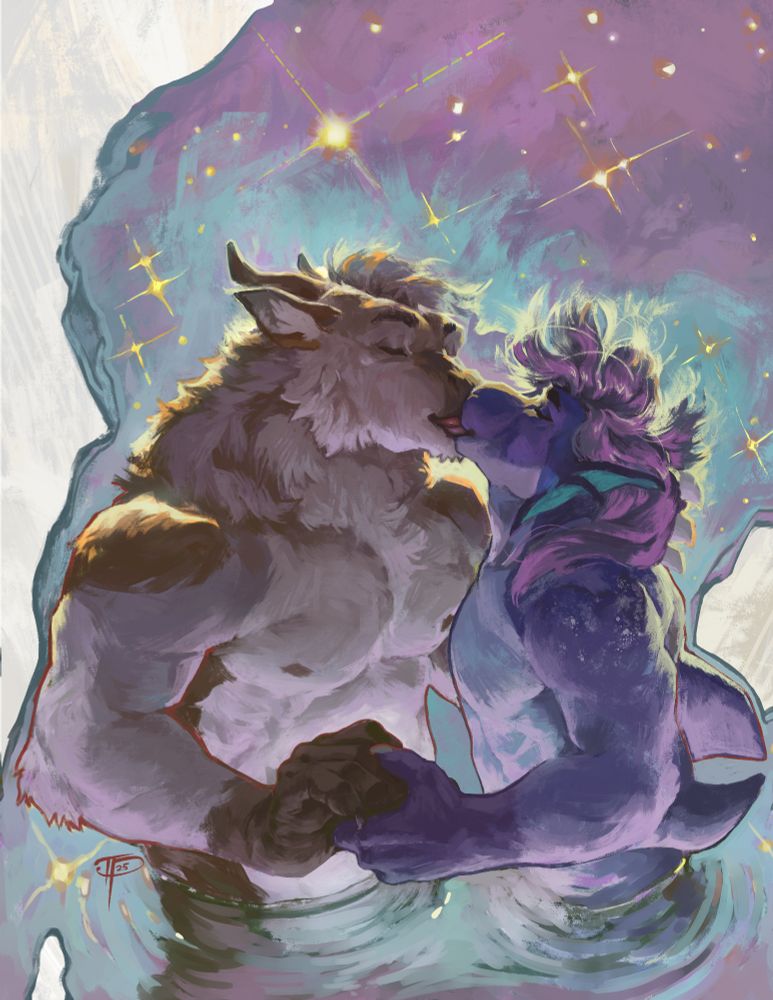 Soel and Lazei smooching in the water with a starry sky behind them