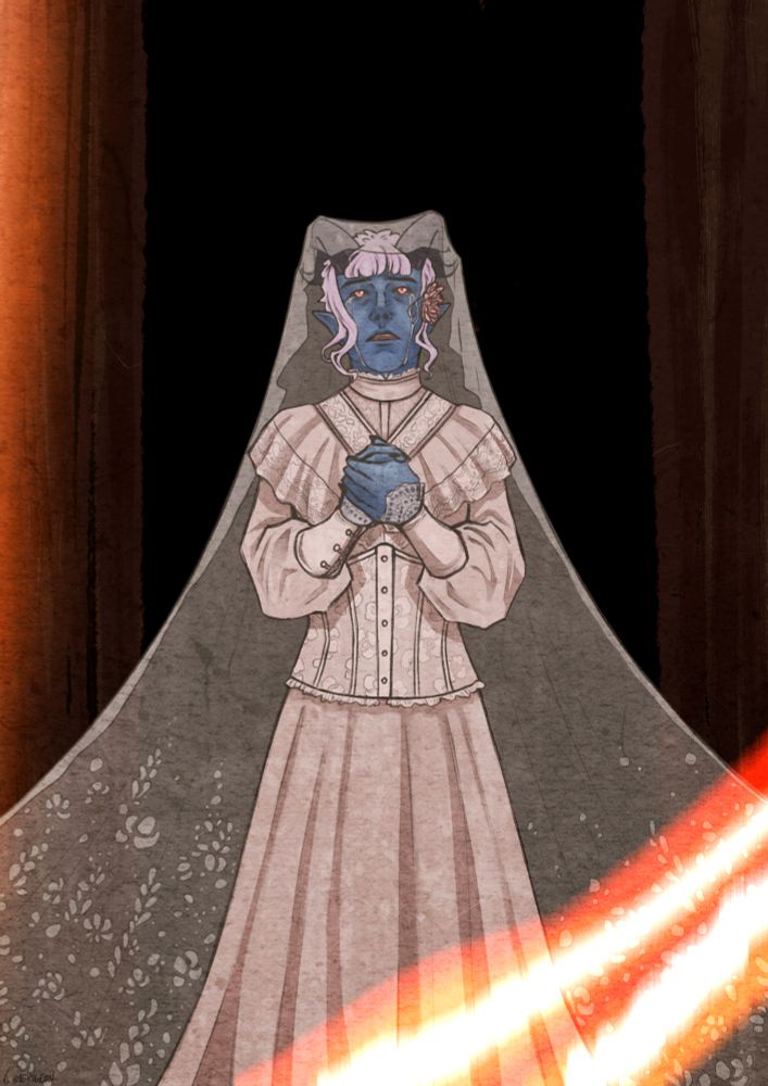 Digital illustration.

A blue tiefling with white hair dressed in a white dress with a lot of lace and a corset. His hands are clasped together and he's looking up, tears running down his face. A lace veil is flowing from his head, spreading out. 

The background is dark and there are bright parts on top of the picture, looking like when a photograph gets overexposed. 

End of description.