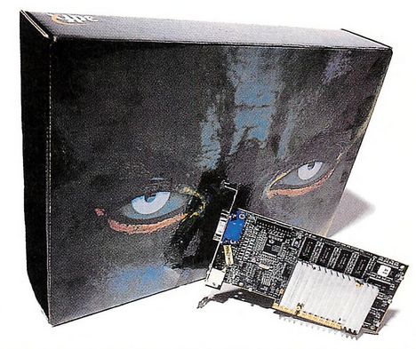 sleek box with two evil eyes peering out (and scaley skin?) as the box art. the graphics card itself sits in front of the box.