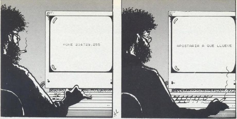 2 panel illustration, 1st panel, a frizzy haired, bearded man sits at a computer, smoking and typing. text on screen: 
poke 234729,255
2nd panel, the man is looking at his screen, no longer typing, his hand rested with the smoke in it. the screen translates to: i would bet it rains.