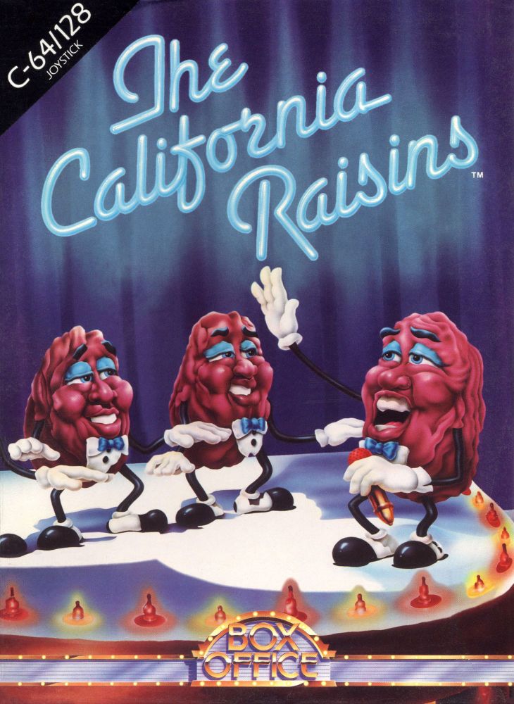 three wrinkled raisins on a stage, all with eyes, mouths, arms and legs, all wearing bow ties and dapper shoes, one with a microphone in their hand. it looks like they are singing.