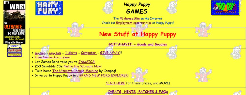 the website is bright yellow and an animated banner ad to the left (it changes around once ever one or two minutes) and also animated banner links. the main font on for text and hyperlinks on the website is comic sans. the website tagline is: the#1 games site on the internet. another hyperlink leads to employment opportunities. others lead to giveaways/competitions. there is also a hyperlink to cheats, hints, patches & faqs. the website is both ugly and charming at the same time.