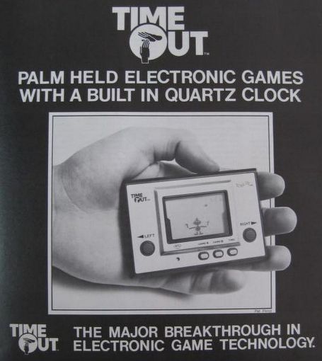 a handheld game with an lcd screen called time out (the o has two hands in it signalling a time out?).
main imagery of the ad is a hand with the lcd game in its palm. single screen with a button on the left and right of the screen and three buttons below. on the screen is a long armed creature.
text:
palm held electronic games with a built in quartz clock
the major breakthrough in electronic game technology