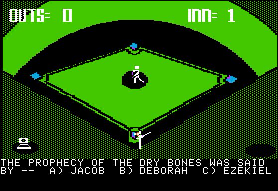 a green baseball field, a batter, a pitcher and down the bottom, a multiple choice first testament bible question: the prophecy of the dry bones was said by -- a> jacob b> deborah c> ezekiel