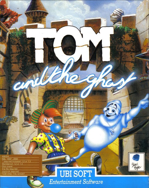 tom is a teenage boy, wearing a green cap with red/yellow stripes, a yellow short sleeved top with purple dots, blue shorts with straps. a wisp of light red/brown hair is poking out of the front of his cap. he is blowing some blue gum and holding a baseball bat. a ghost is holding his hand and leading him somewhere. the ghost has a whistle around its neck. it is smiling. background is castle gates/walls. on the upper level above is a mummy and a red knight.