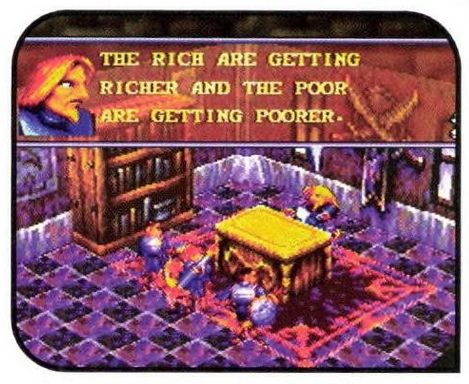 a man with long hair is sitting at a table/desk in a room with a book case, windows and crossed swords on the wall. he is saying: the rich are getting richer and the poor are getting poorer.